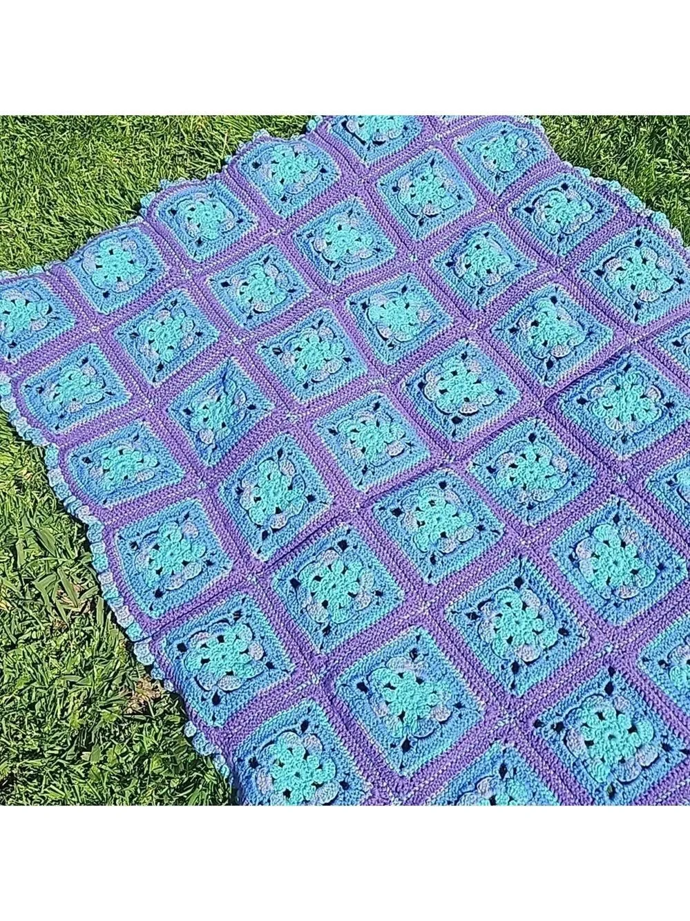 Hand Crafted Purple Blue Aqua Crochet Blanket Granny Square Throw